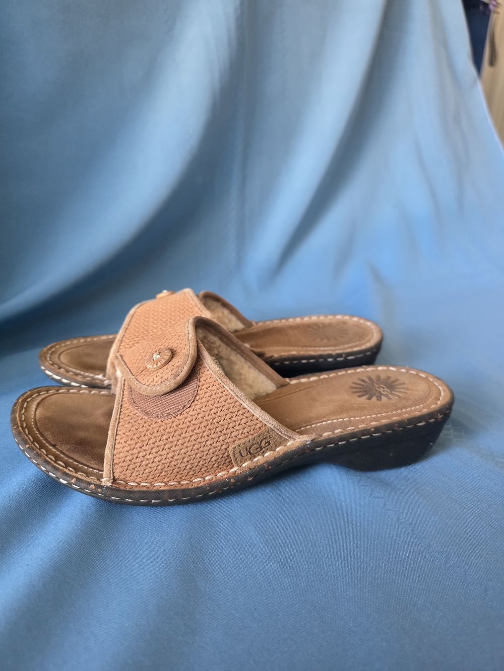 UGG Australia Vintage Malaya Shearling Slide Sandals Brown Woven Sz 8
